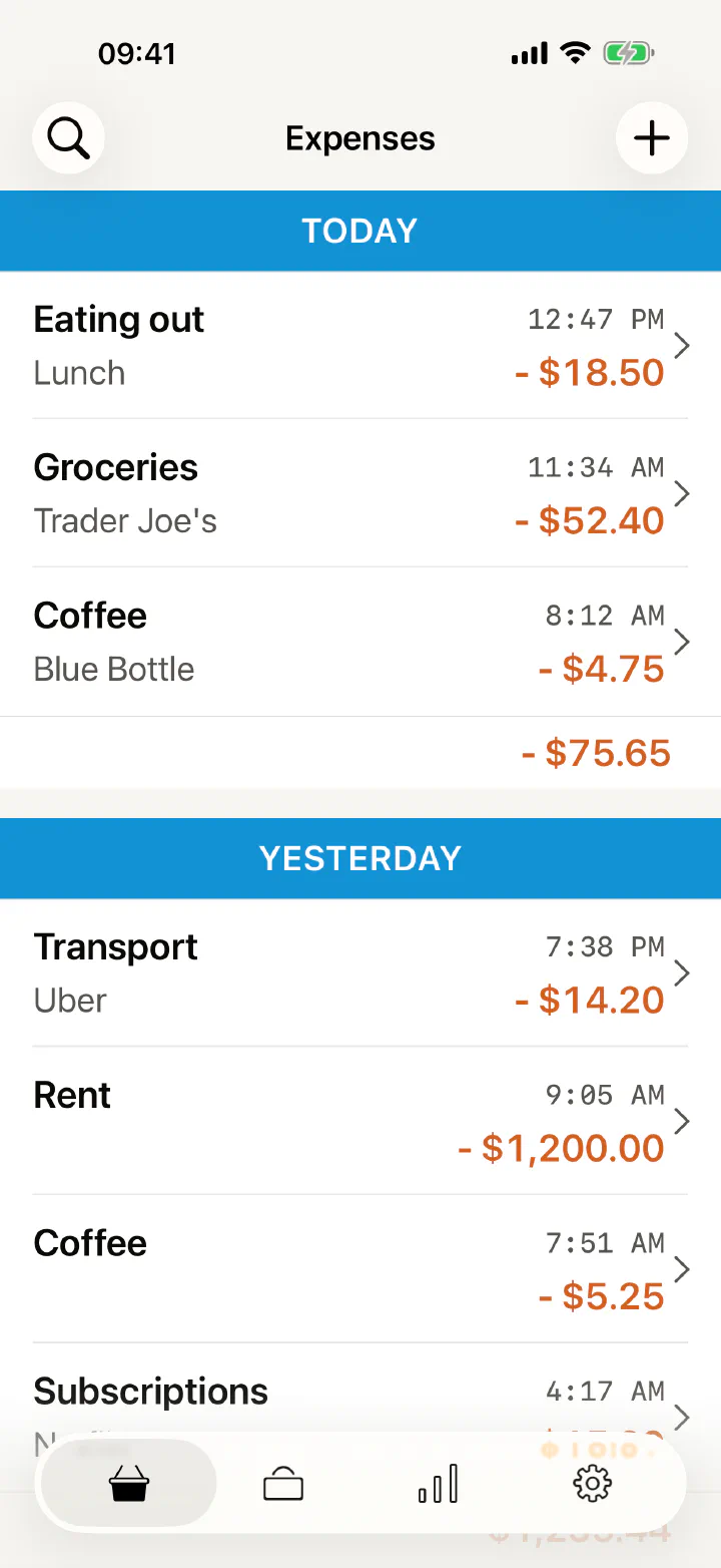 Just Money expense list with today's and yesterday's records