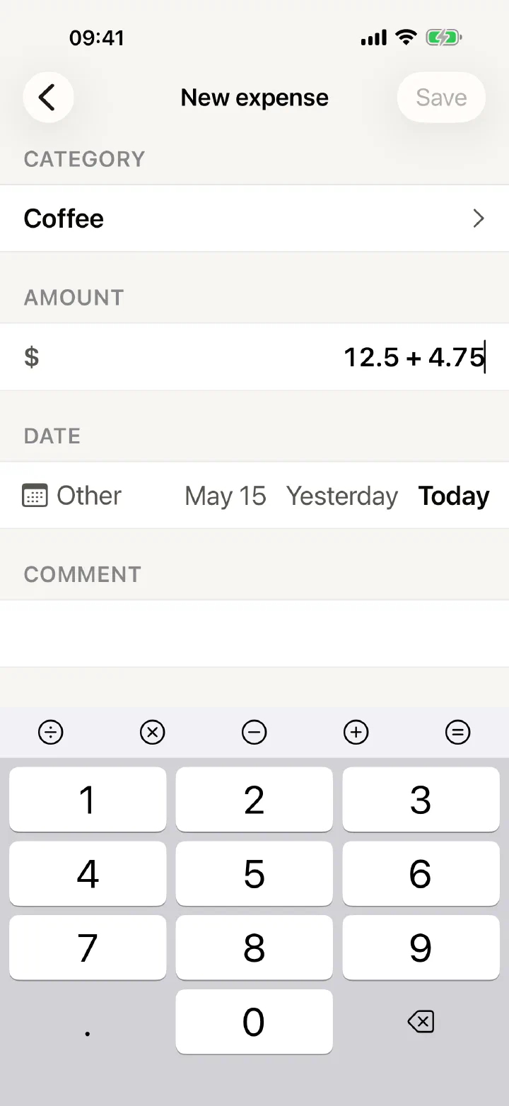 New expense screen with a category, an amount being added up and a calculator keyboard